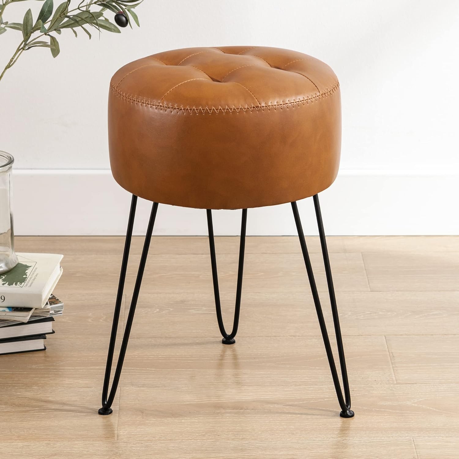 Faux Leather Vanity Stool Chair for Makeup Room,Brown Stool for Vanity,19” Height, Tufted Small Vanity Chair with Metal Legs, Modern Foot Ottoman for Bedroom, Living Room