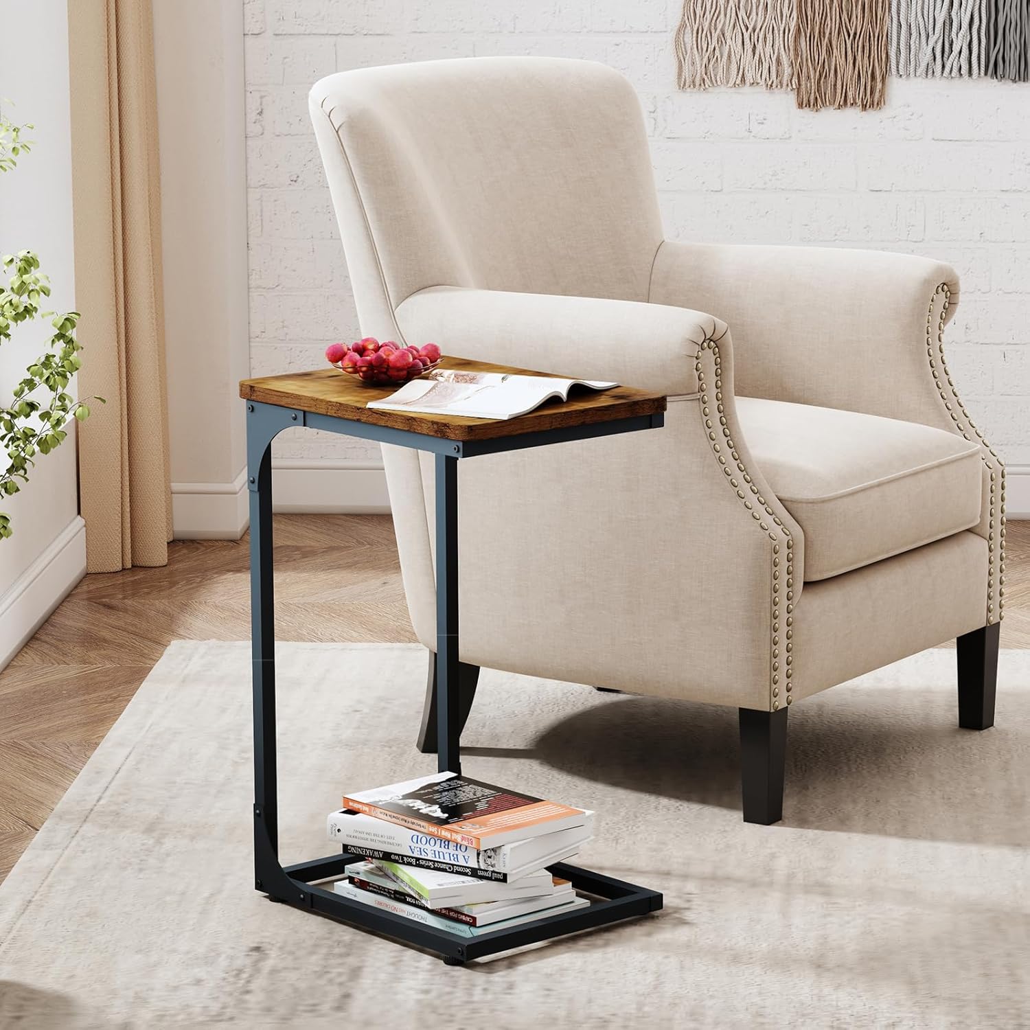 C Table Side Table Set of 2 Living Room Sets C Shaped Couch Tray End Tables Farmhouse, Rustic Brown