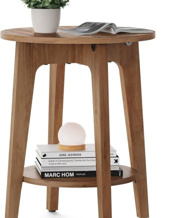 Side Table, Small Round End Table with Lower Shelf, Nightstand for Small Spaces, Living Room, Bedroom, Rustic Walnut