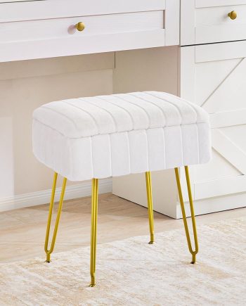 Vanity Stool with Storage, Vanity Stool Chair, Faux Fur Vanity Chair with Gold Metal Leg, Footrest Footstool Ottoman, Multifunctional Makeup Vanity Chair for Vanity Makeup Room Bedroom(White)