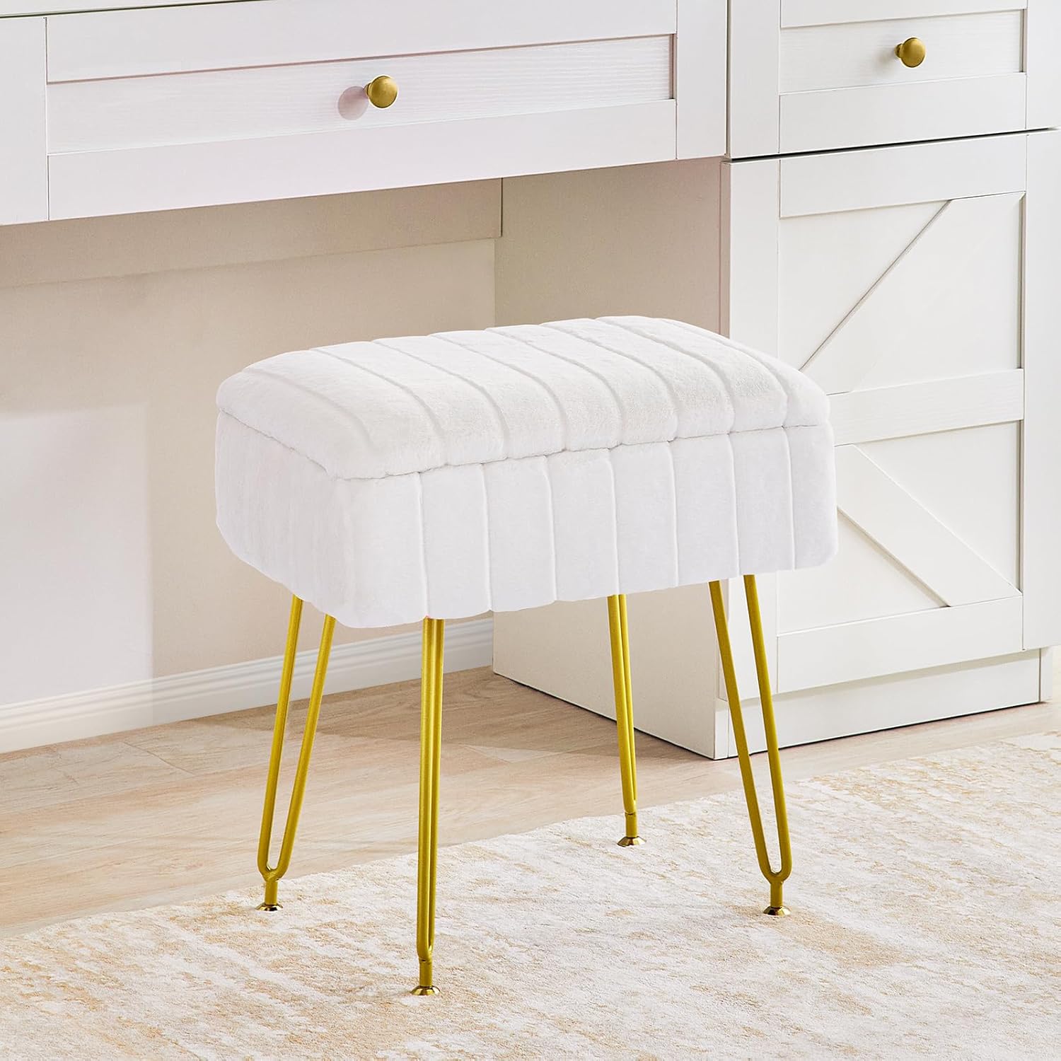 Vanity Stool with Storage, Vanity Stool Chair, Faux Fur Vanity Chair with Gold Metal Leg, Footrest Footstool Ottoman, Multifunctional Makeup Vanity Chair for Vanity Makeup Room Bedroom(White)