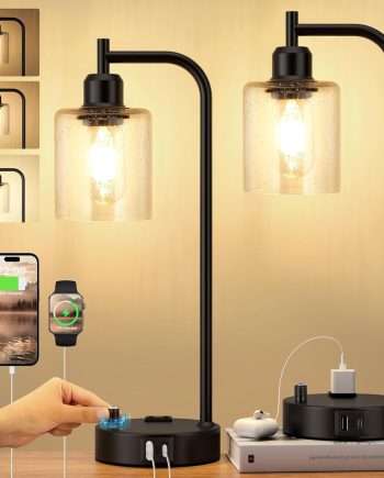 Industrial Table Lamps for Bedrooms Set of 2 - Fully Dimmable Bedside Lamps with USB A and C Ports and Outlet, Black Nightstand Lamps with Glass Shade for Living Room, Desk Lamps for Office Reading