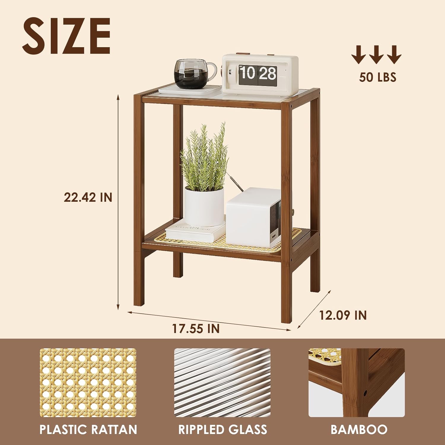 Rattan Side Table Living Room Glasstop Night Stand Boho End Table 2-Tier with Storage Mid Century Modern Bedside Table for Small Spaces Narrow Coffee Table Bamboo