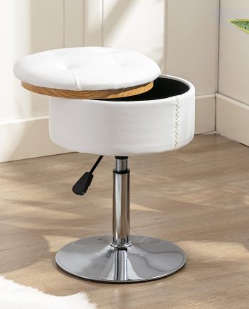 360°Swivel Vanity Stool Chair for Makeup Room, Height Adjustable Stool for Vanity with Storage, Small White Faux Leather for Bathroom, Living Room