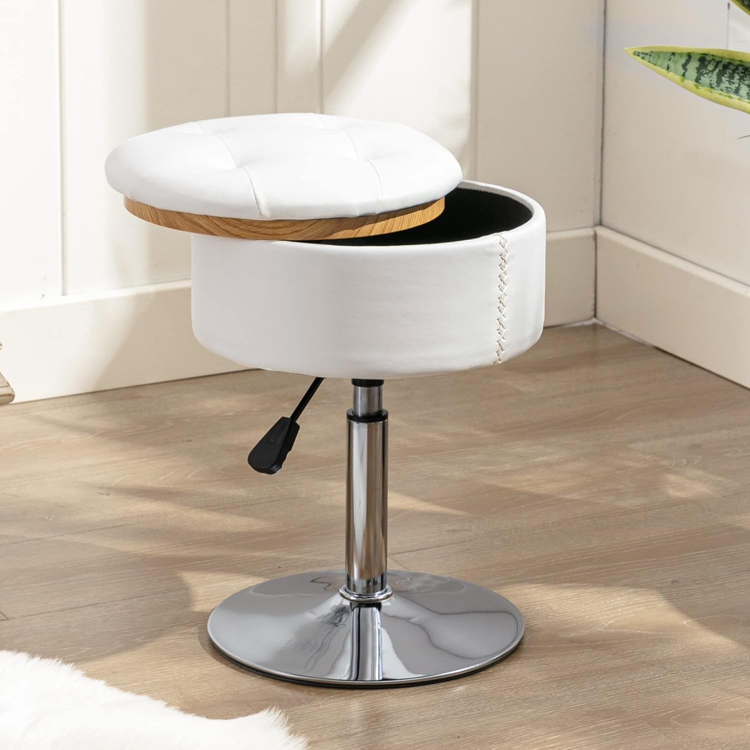 360°Swivel Vanity Stool Chair for Makeup Room, Height Adjustable Stool for Vanity with Storage, Small White Faux Leather for Bathroom, Living Room