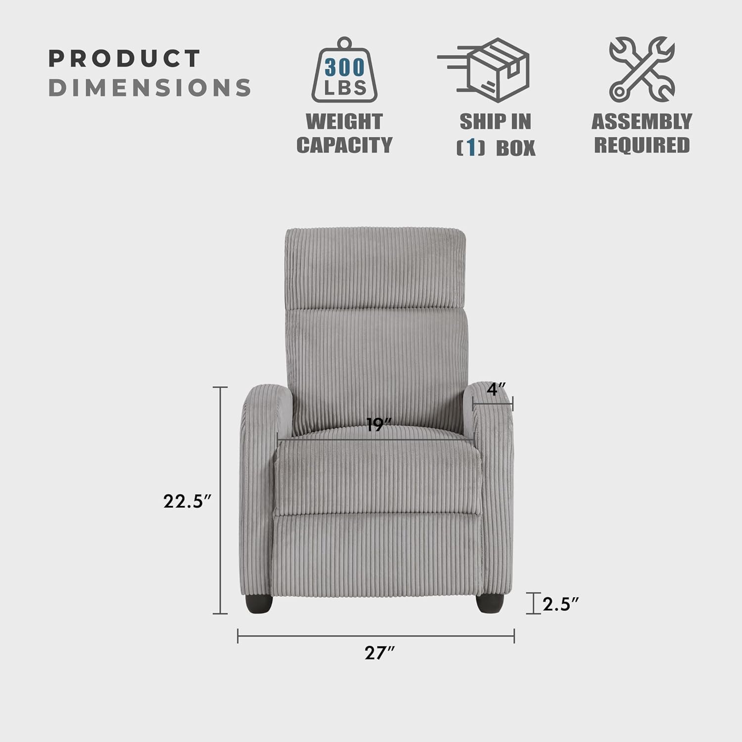 Corduroy Pushback Recliner Arm Push Back Recliner, Solid Wood Frame and Metal Base, Easy Assembly Small Soft Single Sofa for Living Room/Office/Apartment, Light Grey