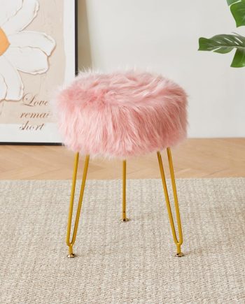 Faux Fur Vanity Stool Chair, Furry Makeup Stool Ottoman, Soft Padded Seat, Round Footrest Footstools with 4 Metal Legs, for Living Room Bedroom Entryway, Pink