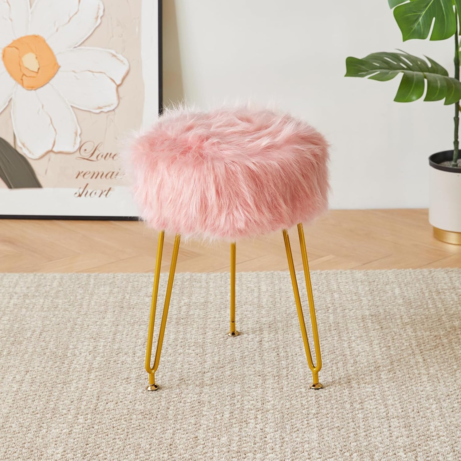 Faux Fur Vanity Stool Chair, Furry Makeup Stool Ottoman, Soft Padded Seat, Round Footrest Footstools with 4 Metal Legs, for Living Room Bedroom Entryway, Pink