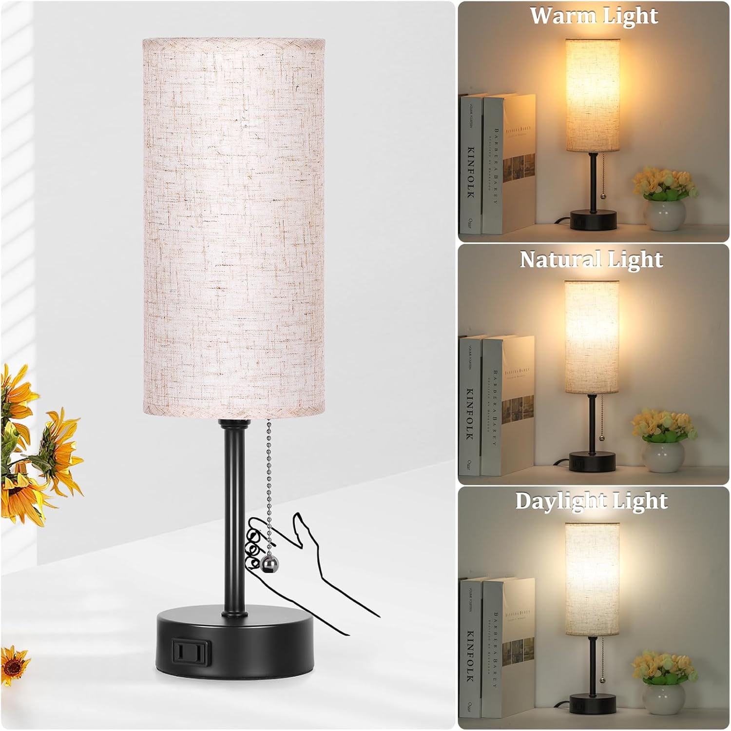 15" Table Lamp for Bedroom, 3-Color Bedside Lamps with Pull Chain, Bedroom Table Lamps for Nightstand,AC Outlet Small Lamp for Living Room, Bulb Included