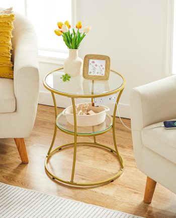 Round Coffee End Table with Charging Station, 2-Tier Small Accent Side Table with Glass Top, Round Nightstand for Small Space in Living Room, Bedroom, Gold