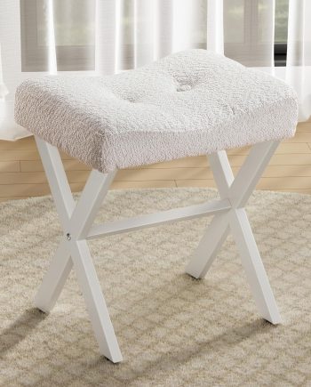 18-Inch Vanity Stool, Vanity Chair with Metal X-Legs, Ottoman Foot Stool with Breathable and Soft Boucle Fabric Saddle Seat, White