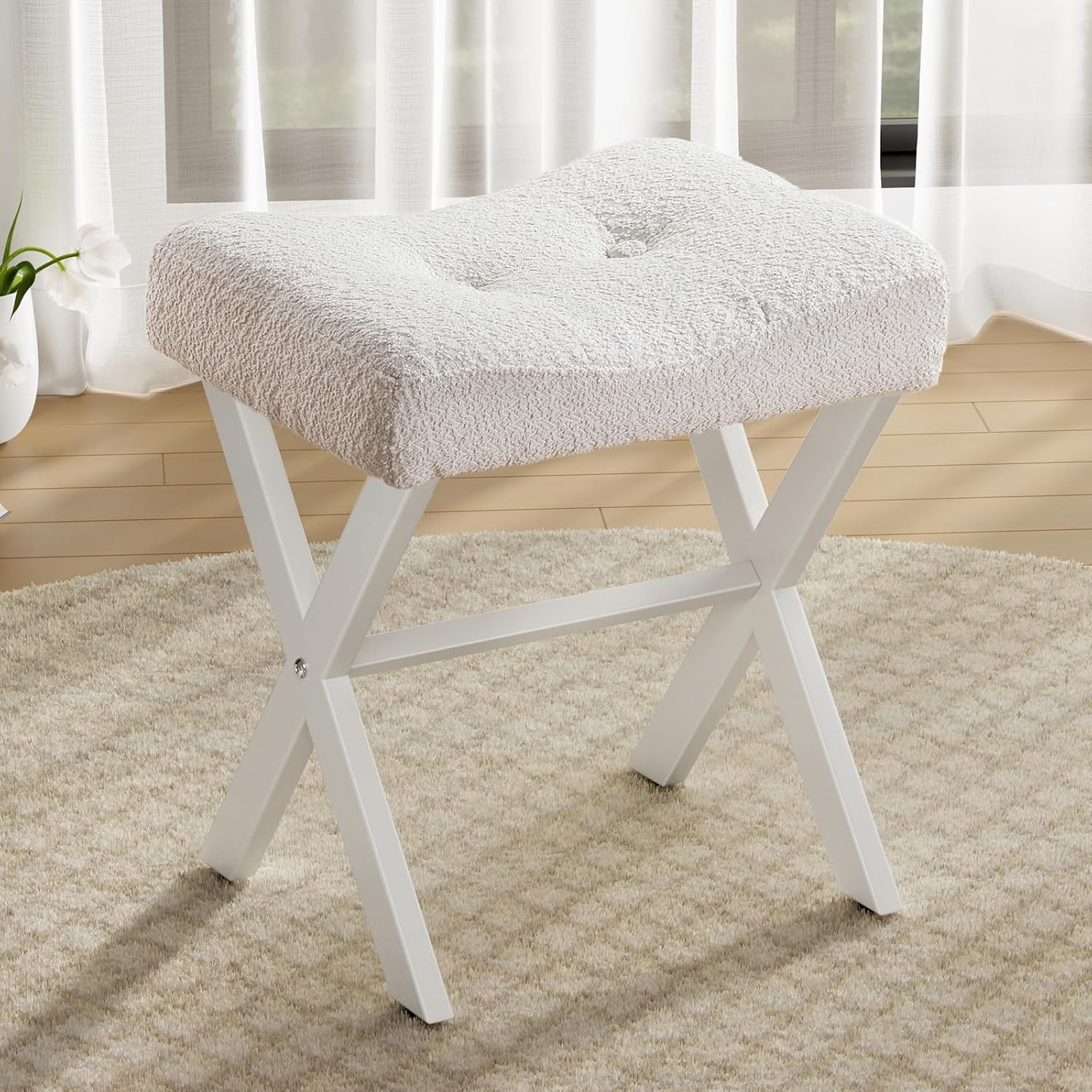 18-Inch Vanity Stool, Vanity Chair with Metal X-Legs, Ottoman Foot Stool with Breathable and Soft Boucle Fabric Saddle Seat, White
