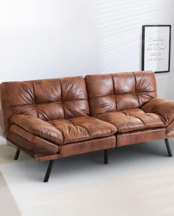 Convertible Futon Sofa Bed Brwon PU Memory Foam Loveseat,Small Euro Lounger Sofa for Compact Living Spaces,Apartment,Dorm,Studio,Guest Room,Home Office