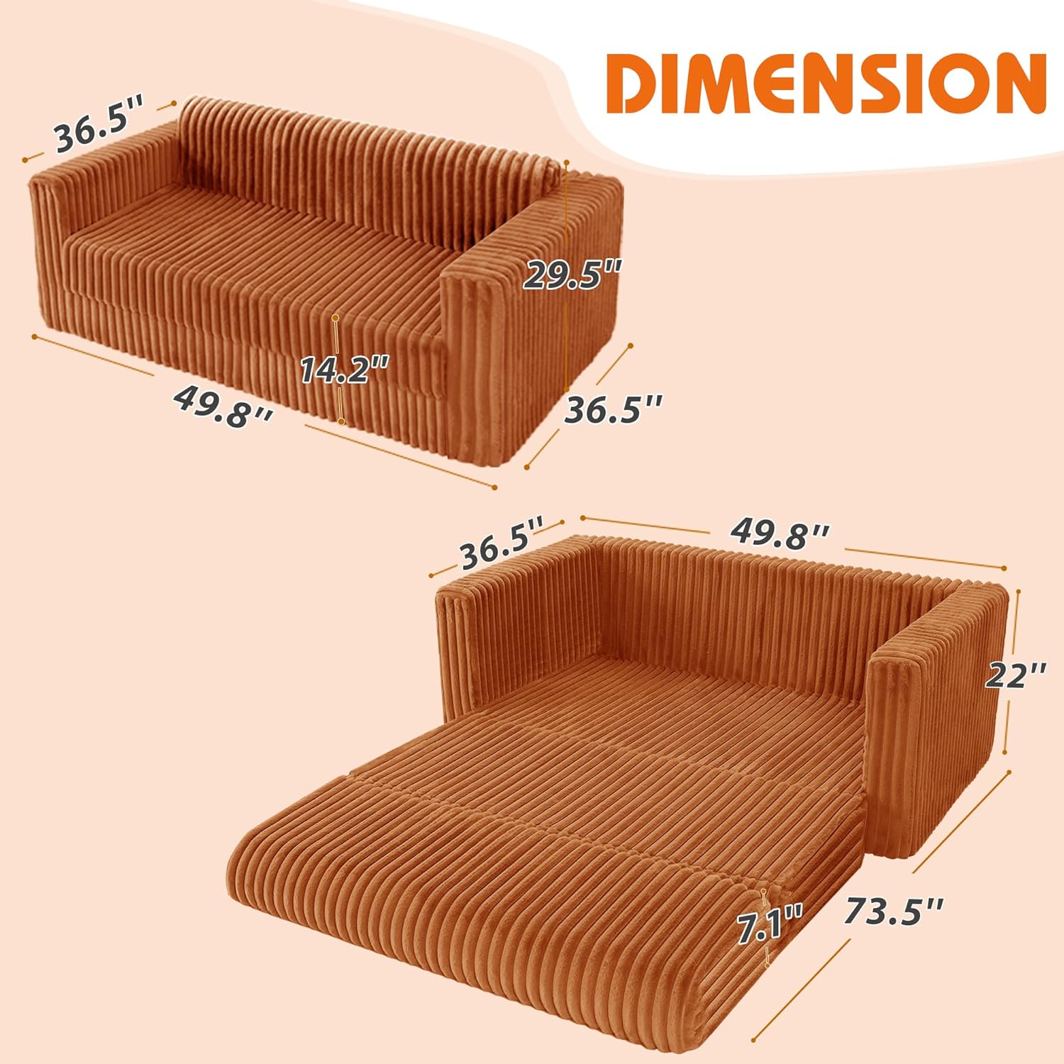 Convertible Folding Sofa Bed, Foldable Sleeper Couch with Armrest, Comfy Floor Couch, Fold Out Lounge Bed, Multi-Functional Lazy Sofa for Bedroom Living Room Dorm Home Office (Orange)