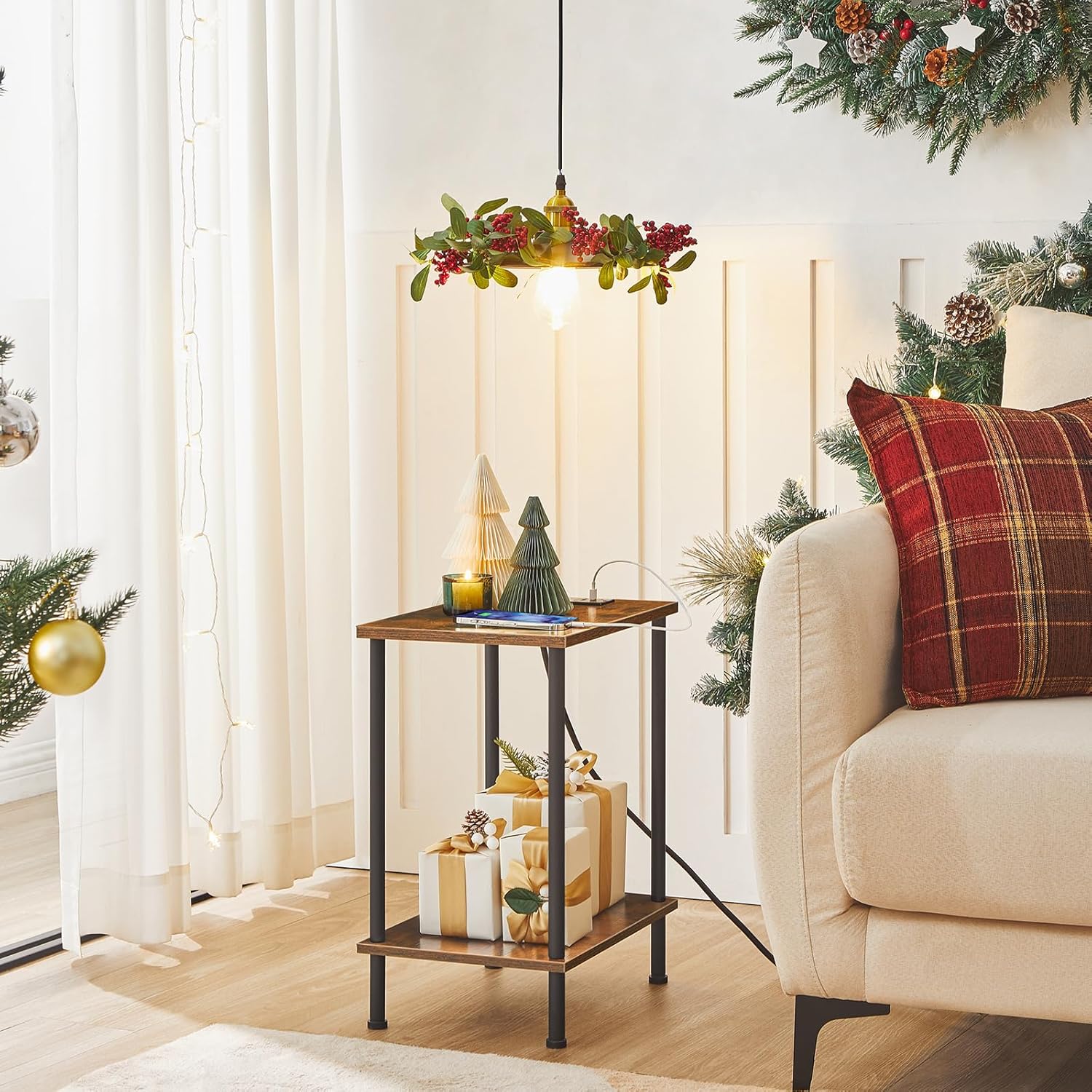 Side Table with Charging Station, End Table with USB Ports and Outlet, Nightstand with 2-Layer Storage Shelves for Small Spaces, Living Room, Bedroom, Stable Frame, Rustic Brown