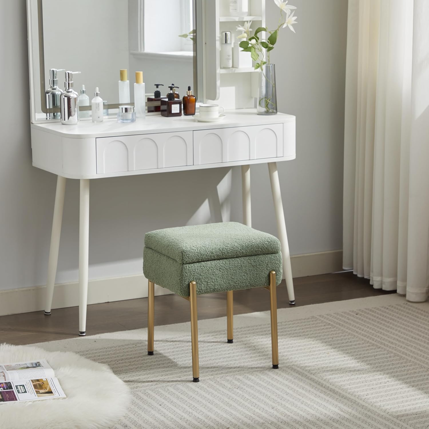 Vanity Stool Chair, Small Ottoman Stool with Storage, Makeup Vanity Chair with Anti-Slip Feet, Footstool Ottoman with Metal Legs, Storage Chairs for Makeup Room, Bedroom, Living Room (Green)