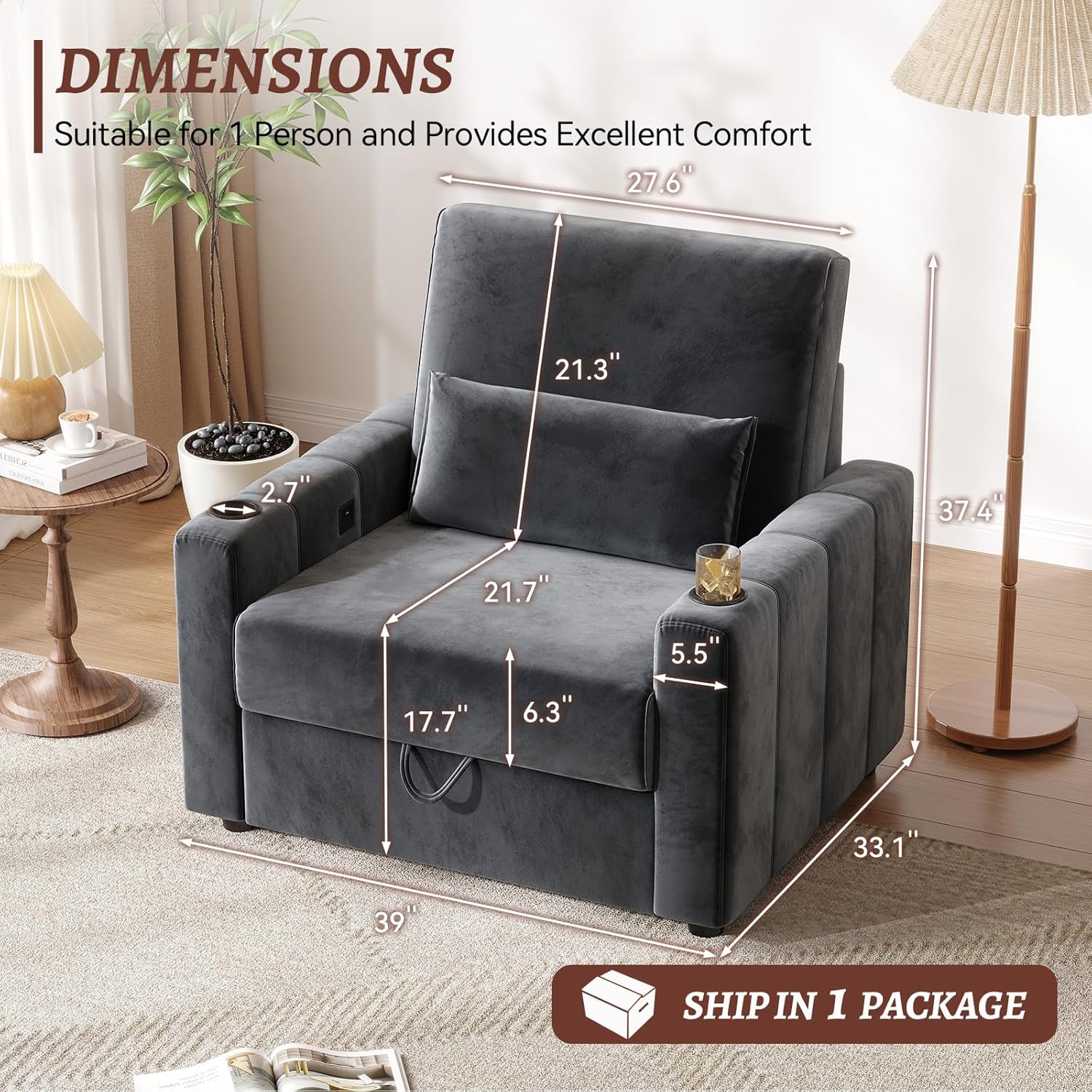 39" Velvet Sofa, Single Couch with Storage, & Ports, Cup Holders, Washable Covers, Side Piano Key Design Sofas for Living Room