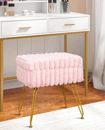 Faux Fur Pink Vanity Stool Chair with Storage Ottoman, Vanity Chair for Makeup Room, Vanity Stools for Bedroom, Footrest with Metal Legs and as a Coffee Table, Pink