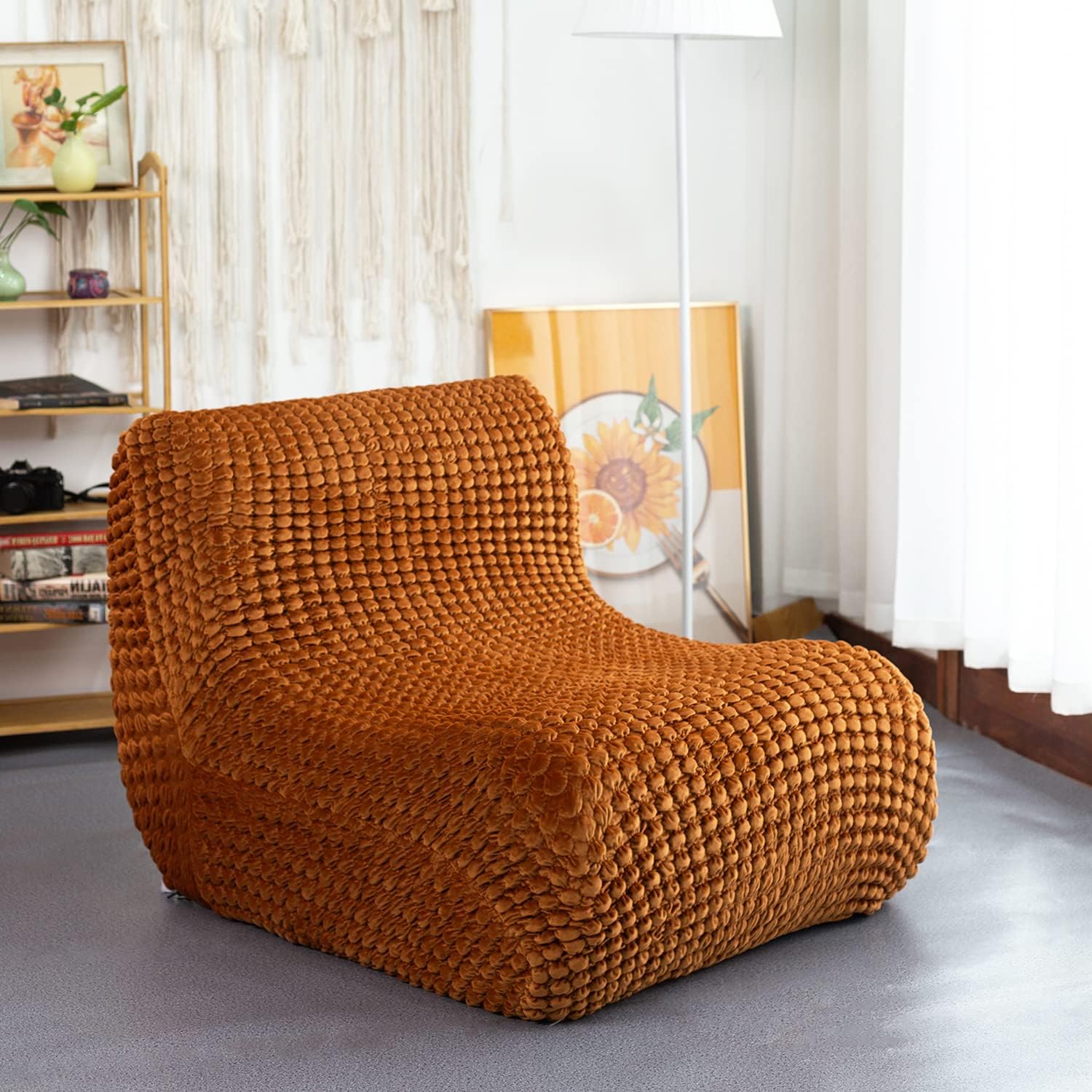Single Seated Foam Sofa, Armless Floor Sofa, One Piece High Density Foam, Removable and Machine Washable Cover, Caramel