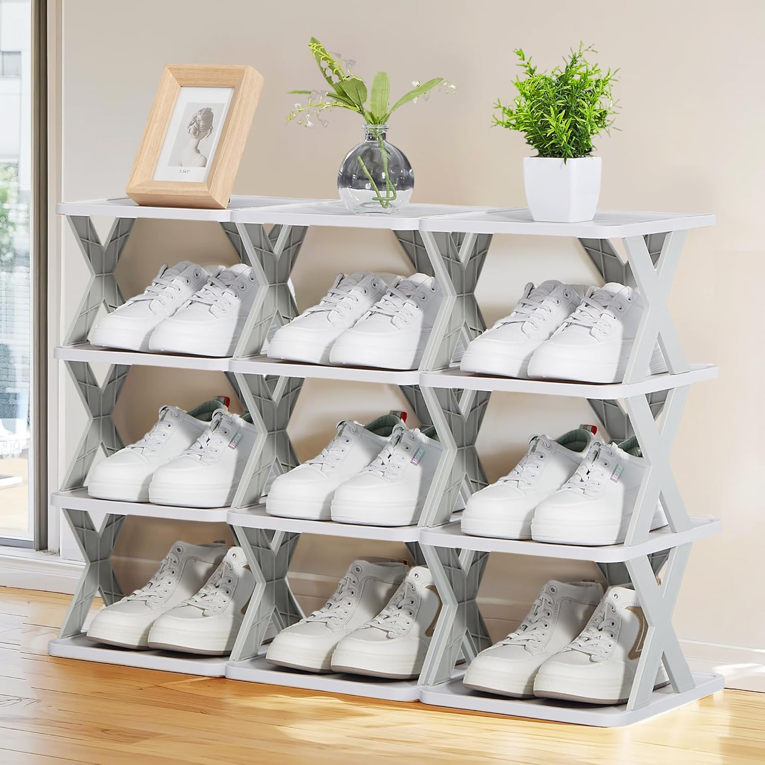 4 Tier Vertical Narrow Shoe Rack, Free Standing Shoe Racks, Skinny Shoe Shelf Easy Assembly, Compact Shoe Organizer Space Saving for Small Spaces, Entryway, Garage, Front Door Entrance, Grey