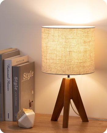 Tripod Table Lamp, Small Cute Bedside Lamp with Linen Beige Lampshade, Nightstand Lamp for Nursery, Bedroom, Kid Room, Living Room, Light Brown Wooden Base, E26 Socket, 14.2 Inch