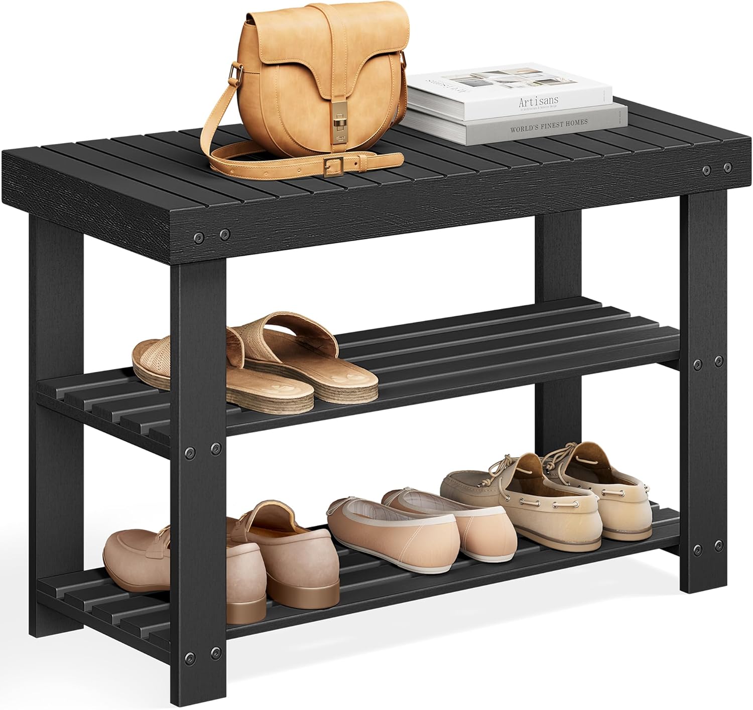 Shoe Rack Bench, 3-Tier Bamboo Shoe Storage Organizer, Entryway Bench, Holds Up to 286 lb, 11.3 x 27.6 x 17.8 Inches, for Entryway Bathroom Bedroom, Ink Black ULBS04H