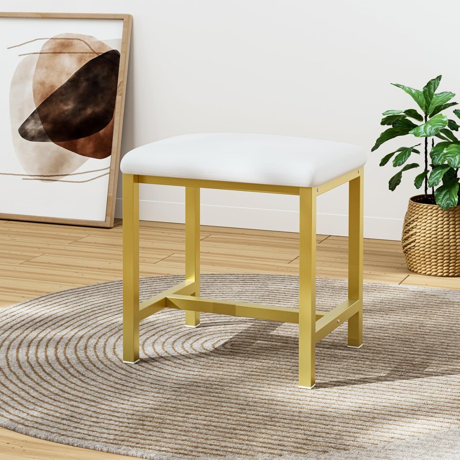 Small Vanity Stool, Cute Vanity Stools with Cushion, White Gold Makeup Vanity Chair for Small Spaces, Living Room, Bedroom, Bathroom, Entryway, Ottoman Foot Rest for Couch