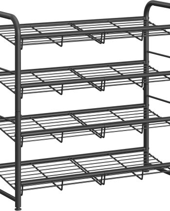 Stackable Shoe Rack, 4 Tier Metal Shoes Rack Storage Shelf, Holds up to 20 Pairs Shoes, Adjustable Slanted Shelves Shoe Tower Organizer for Closet Entryway Small Spaces, Black