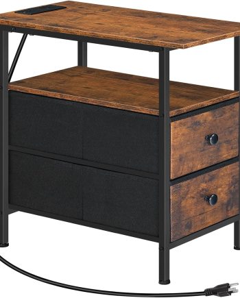End Table with Charging Station, Narrow Side Table, Nightstand with 2 Non-Woven Drawers, Slim Sofa Side Table, for Small Spaces, Living Room, Bedroom, Rustic Brown and Black