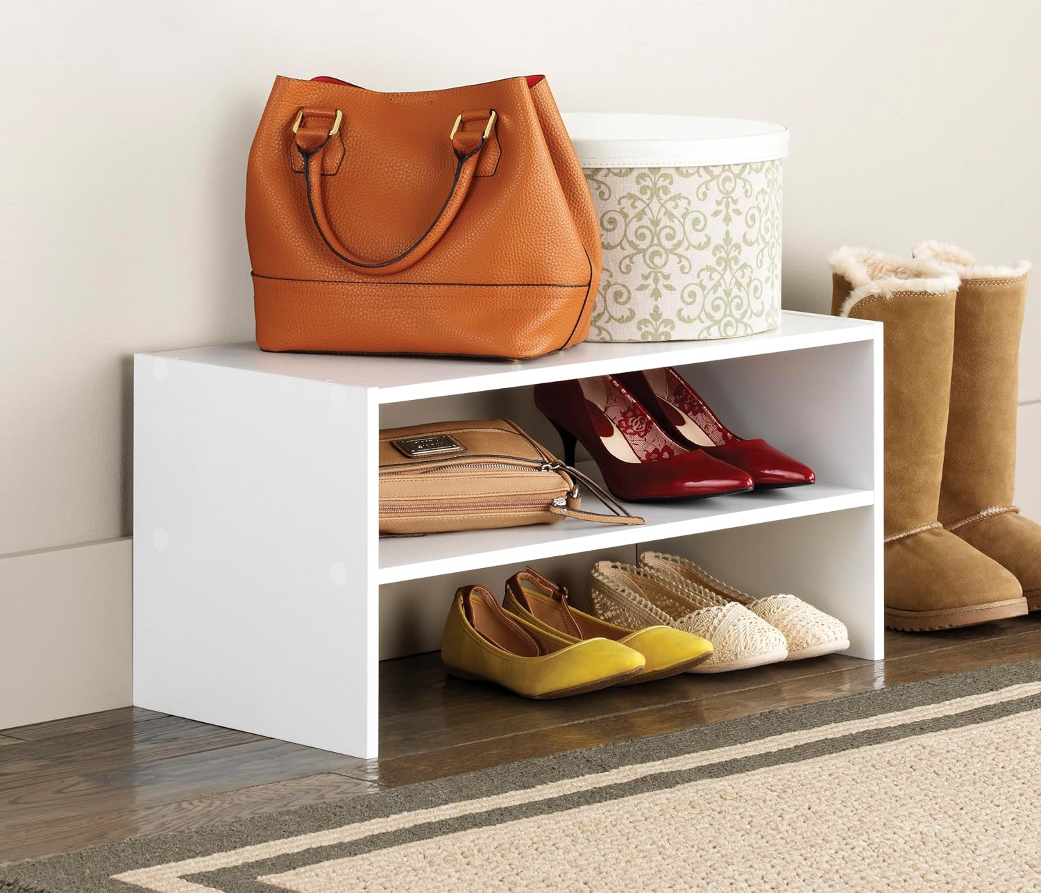 Wood Stackable 2-Shelf Shoe Rack, White, 24 inches