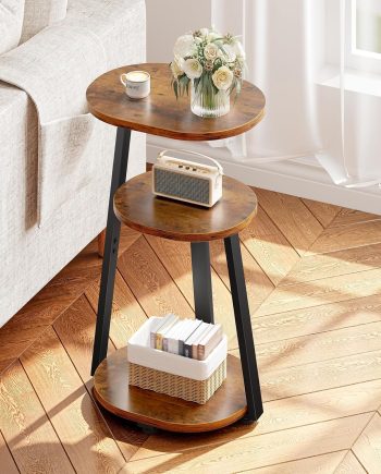 Side Table, Small End Table with Metal Frame, 3-Tier Bedside Tables, Round Side Tables for Living Room Bedroom Couch Bathroom, Oval, Vintage Brown