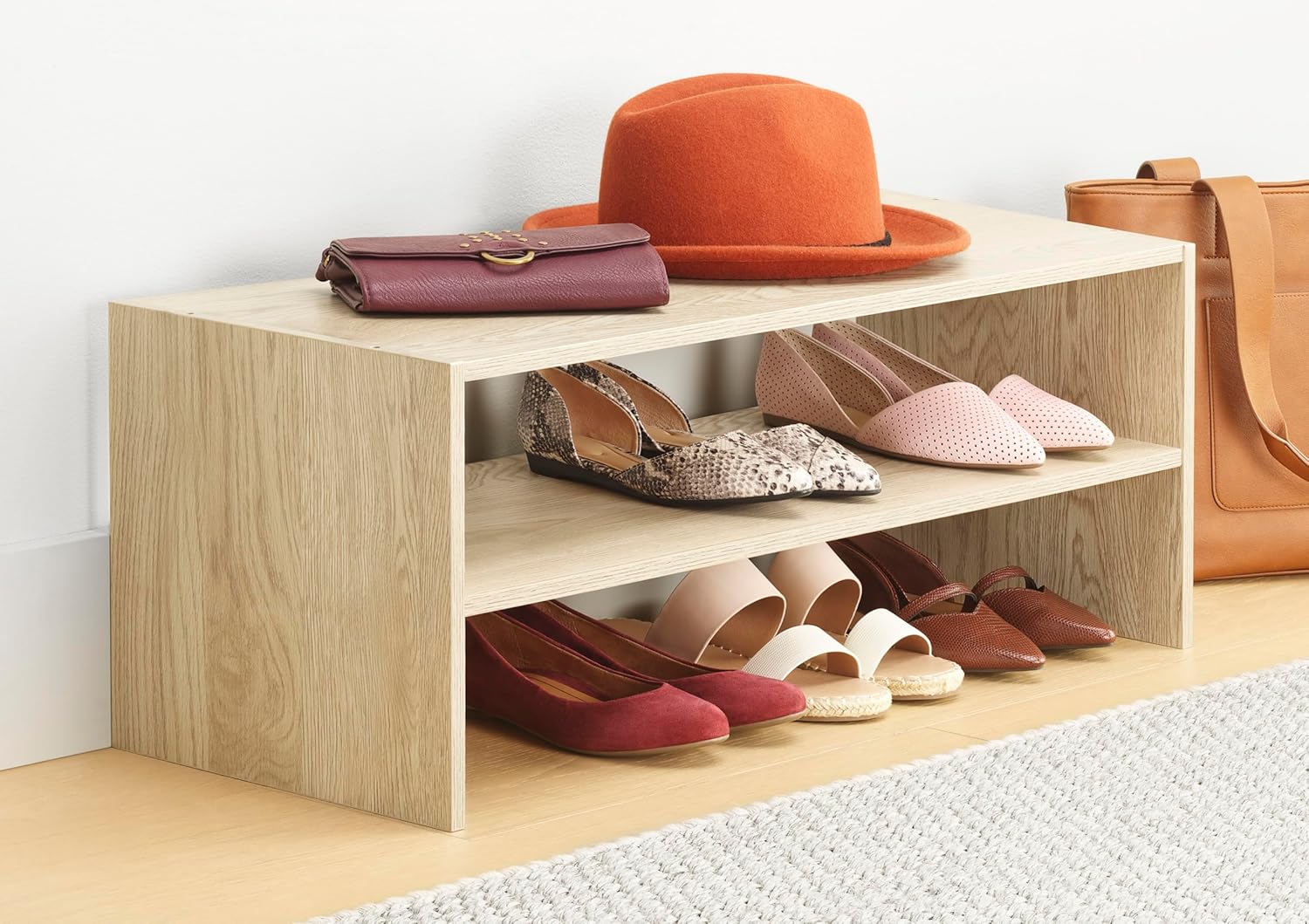 Wood Stackable 2-Shelf Shoe Rack, White Oak, 31 inches