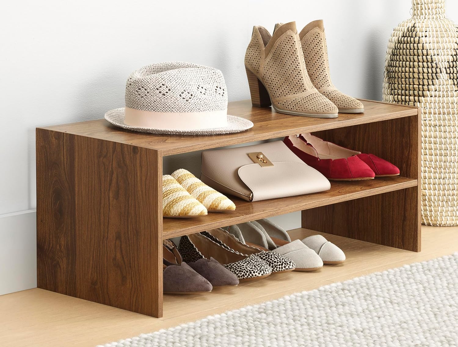 Wood Stackable 2-Shelf Shoe Rack, Walnut, 31 inches