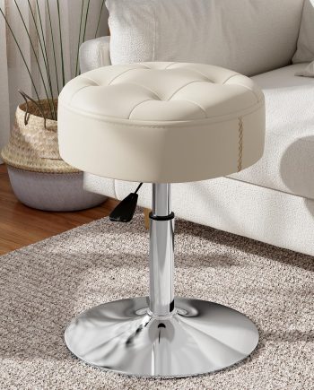 Adjustable & Swivel White Vanity Stool Chair for Vanity Bathroom Living Room, Small Vanity Chair for Makeup Room, Round Ottoman Makeup Chair, PU Leather