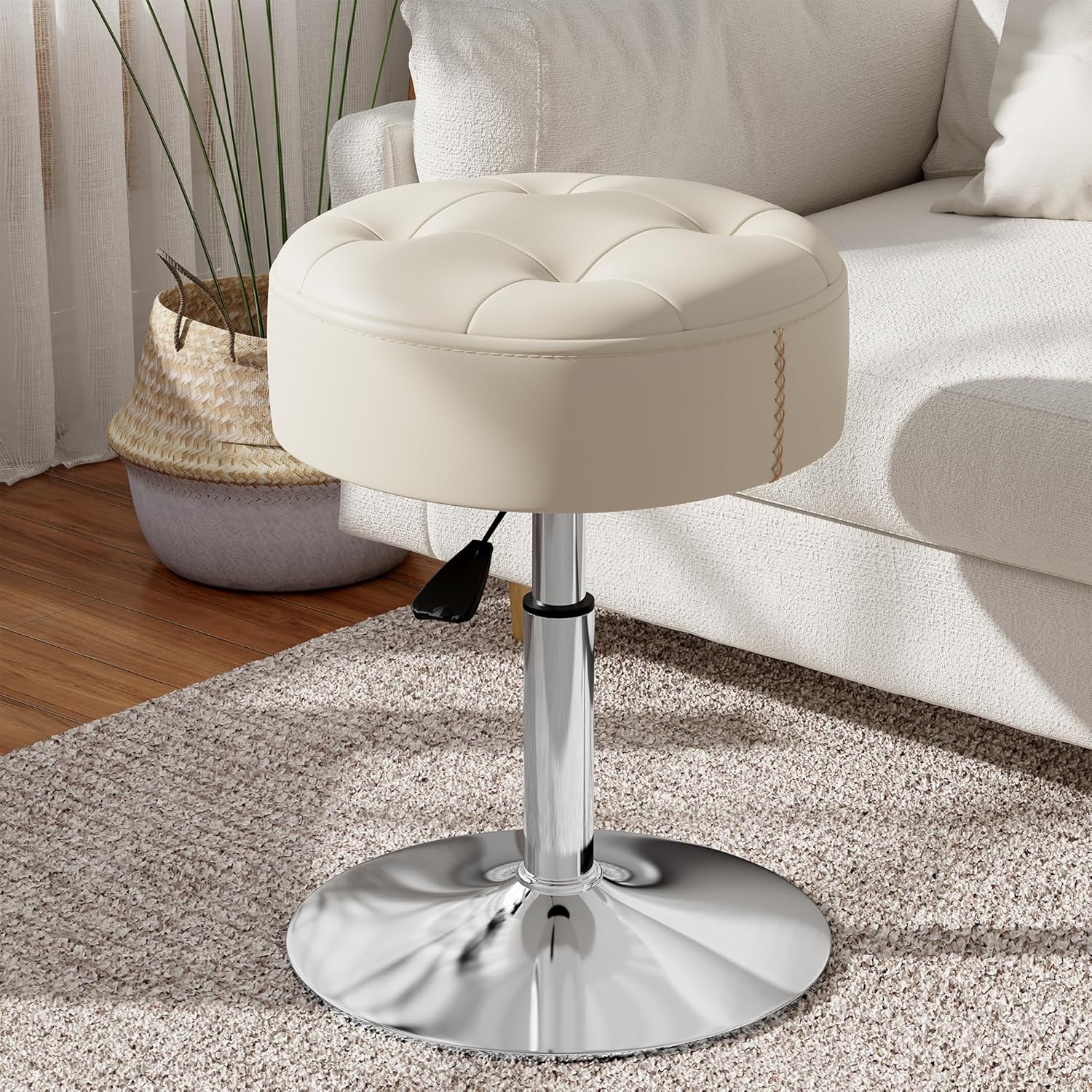 Adjustable & Swivel White Vanity Stool Chair for Vanity Bathroom Living Room, Small Vanity Chair for Makeup Room, Round Ottoman Makeup Chair, PU Leather