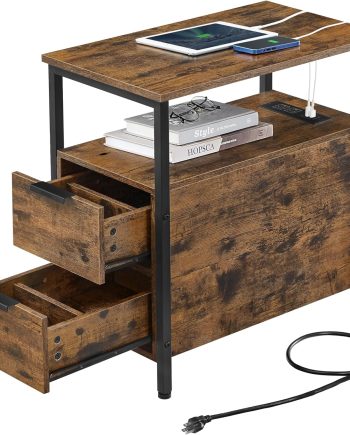 Side Table with Charging Station, Narrow End Table with 2 Drawers, Slim Nightstand and Bedside Table with Storage, for Small Spaces, Rustic Brown + Black