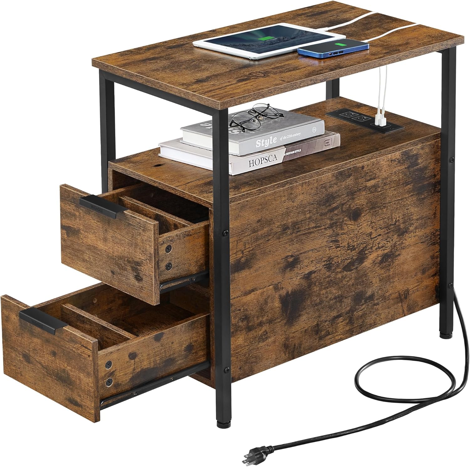 Side Table with Charging Station, Narrow End Table with 2 Drawers, Slim Nightstand and Bedside Table with Storage, for Small Spaces, Rustic Brown + Black