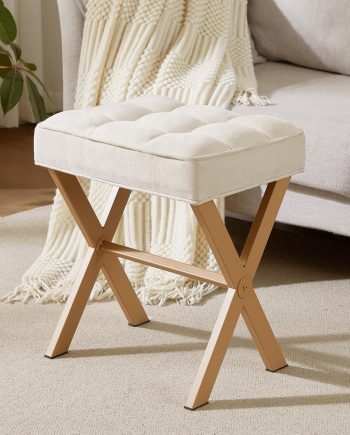 Vanity Stool with Metal X Leg, Makeup Vanity Chair Foot Stool for Living Room, Small Square Ottoman Stool Foot Rest, Vanity seat for Bedroom,Linen Beige