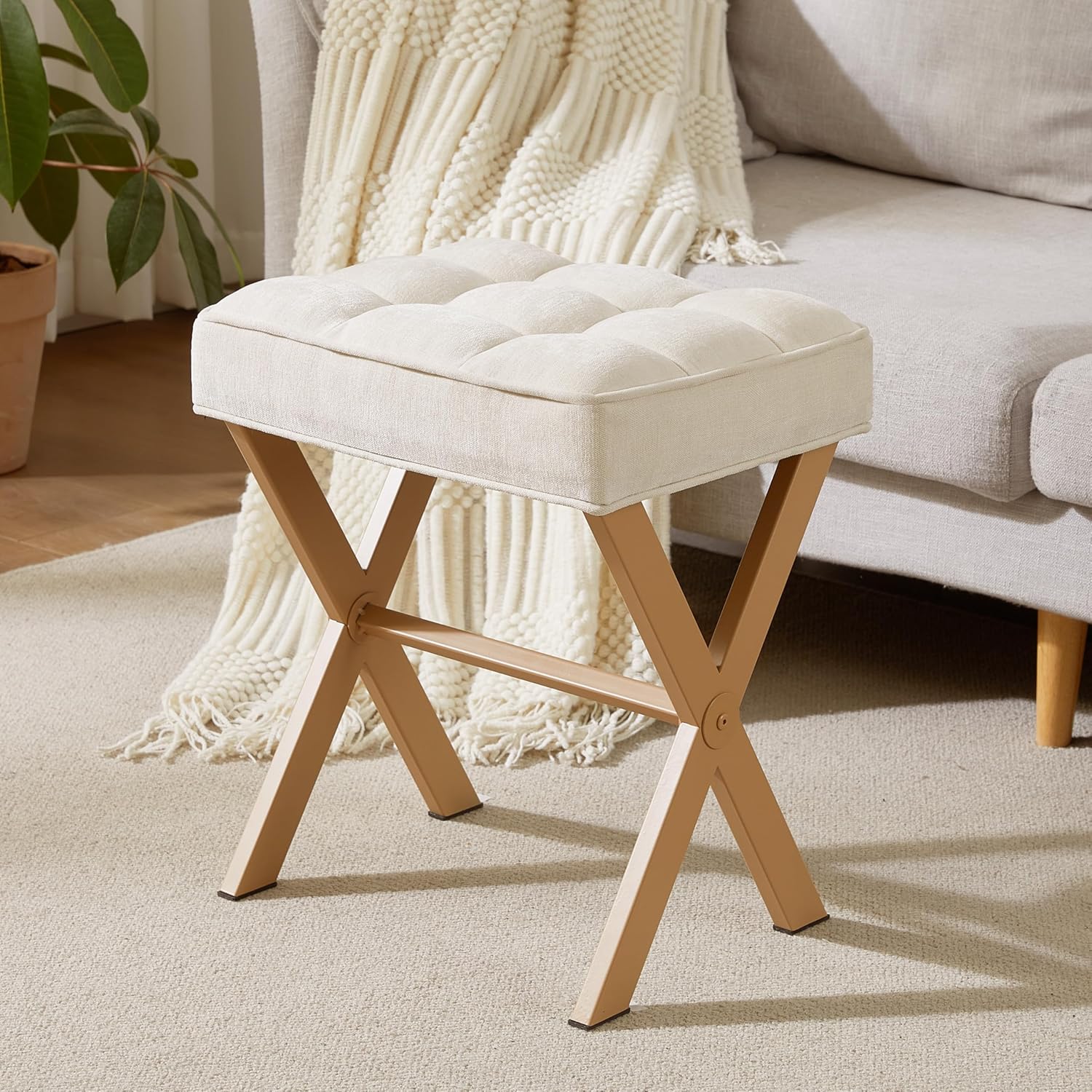 Vanity Stool with Metal X Leg, Makeup Vanity Chair Foot Stool for Living Room, Small Square Ottoman Stool Foot Rest, Vanity seat for Bedroom,Linen Beige