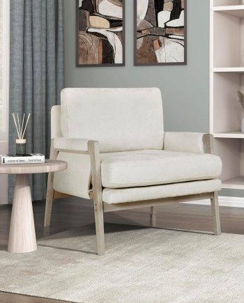 with Wire-Brushed Light Brownish-Grey Wood Frame, Chenille Upholstered Living Room Arm  with Wrapped Arm Rest, Single Sofa  with Thick Seat Cushion, Cream
