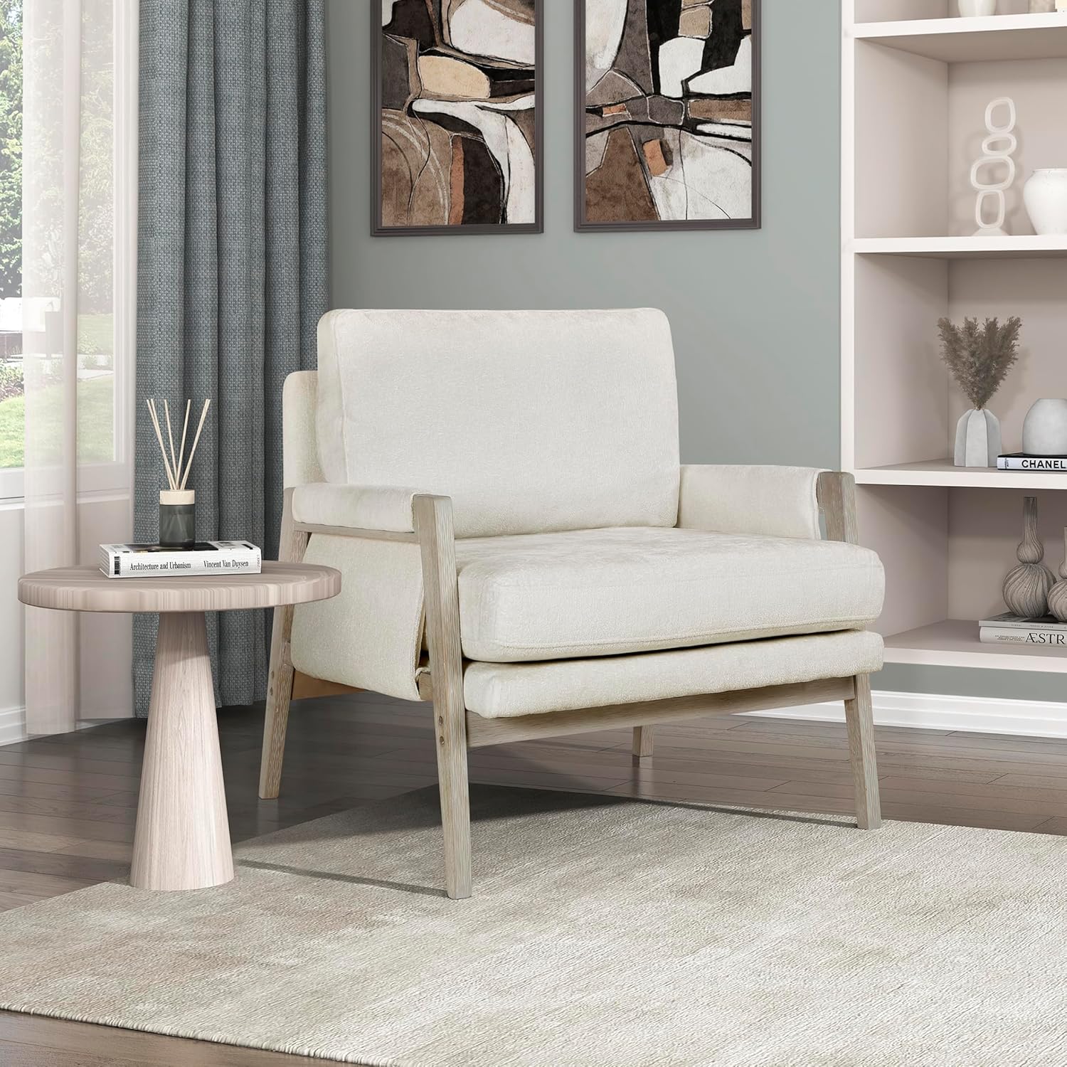 with Wire-Brushed Light Brownish-Grey Wood Frame, Chenille Upholstered Living Room Arm with Wrapped Arm Rest, Single Sofa with Thick Seat Cushion, Cream