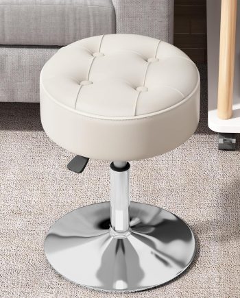 Adjustable White Vanity Stool, Swivel Vanity Chair for Makeup Room, Small Stool Chair for Vanity Bathroom Living Room, Round Ottoman Makeup Chair, PU Leather