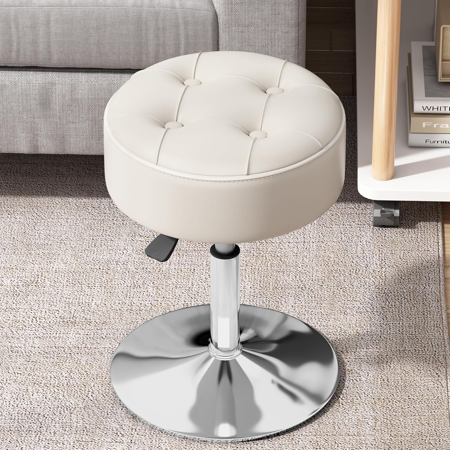 Adjustable White Vanity Stool, Swivel Vanity Chair for Makeup Room, Small Stool Chair for Vanity Bathroom Living Room, Round Ottoman Makeup Chair, PU Leather
