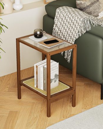 Rattan Side Table Living Room Glasstop Night Stand Boho End Table 2-Tier with Storage Mid Century Modern Bedside Table for Small Spaces Narrow Coffee Table Bamboo