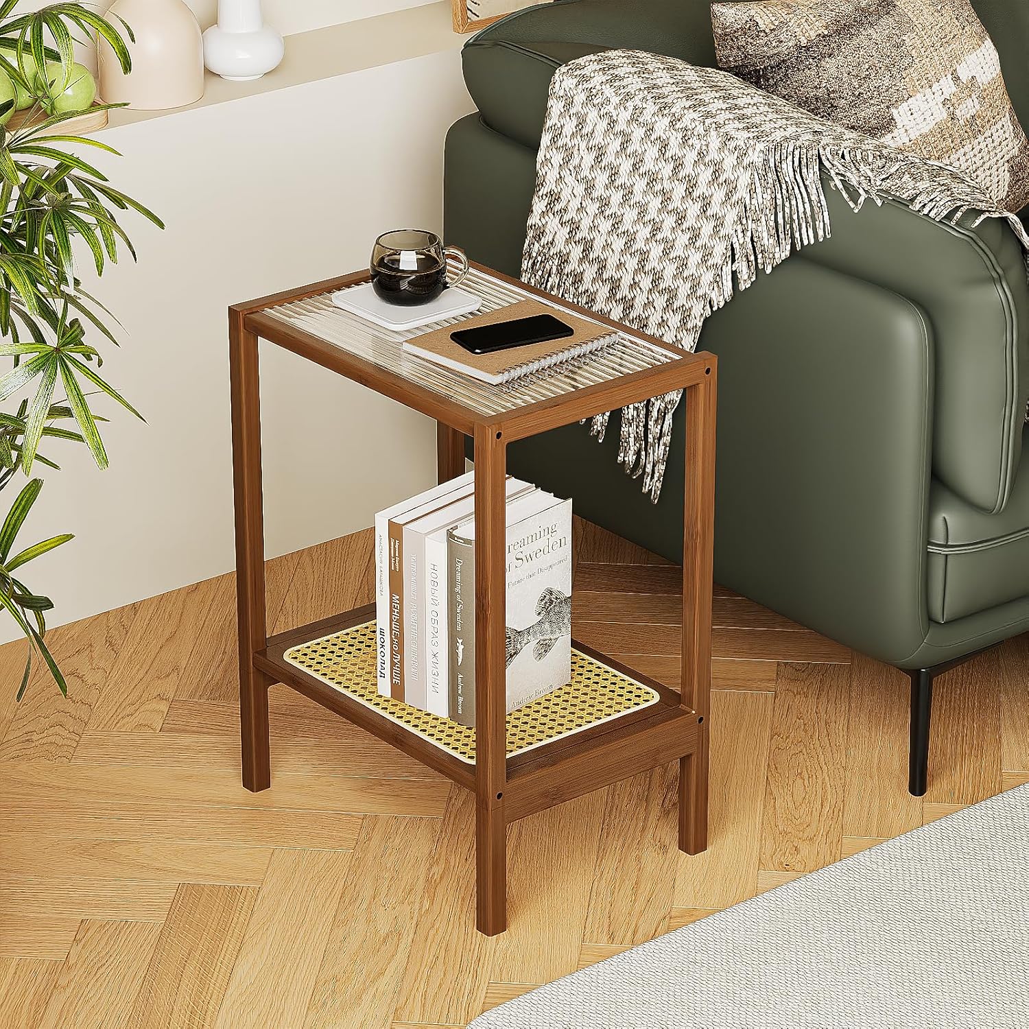 Rattan Side Table Living Room Glasstop Night Stand Boho End Table 2-Tier with Storage Mid Century Modern Bedside Table for Small Spaces Narrow Coffee Table Bamboo