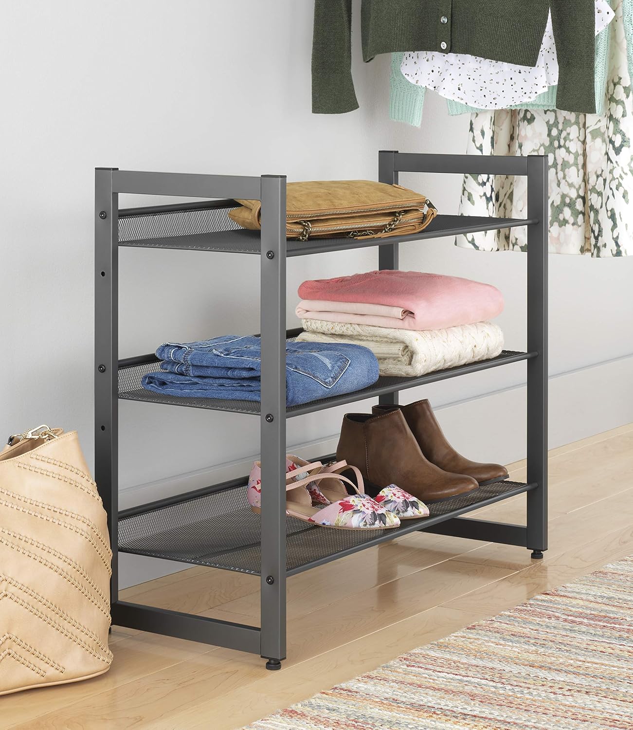 Steel Mesh 3-Tier Shoe Rack, Gunmetal Gray