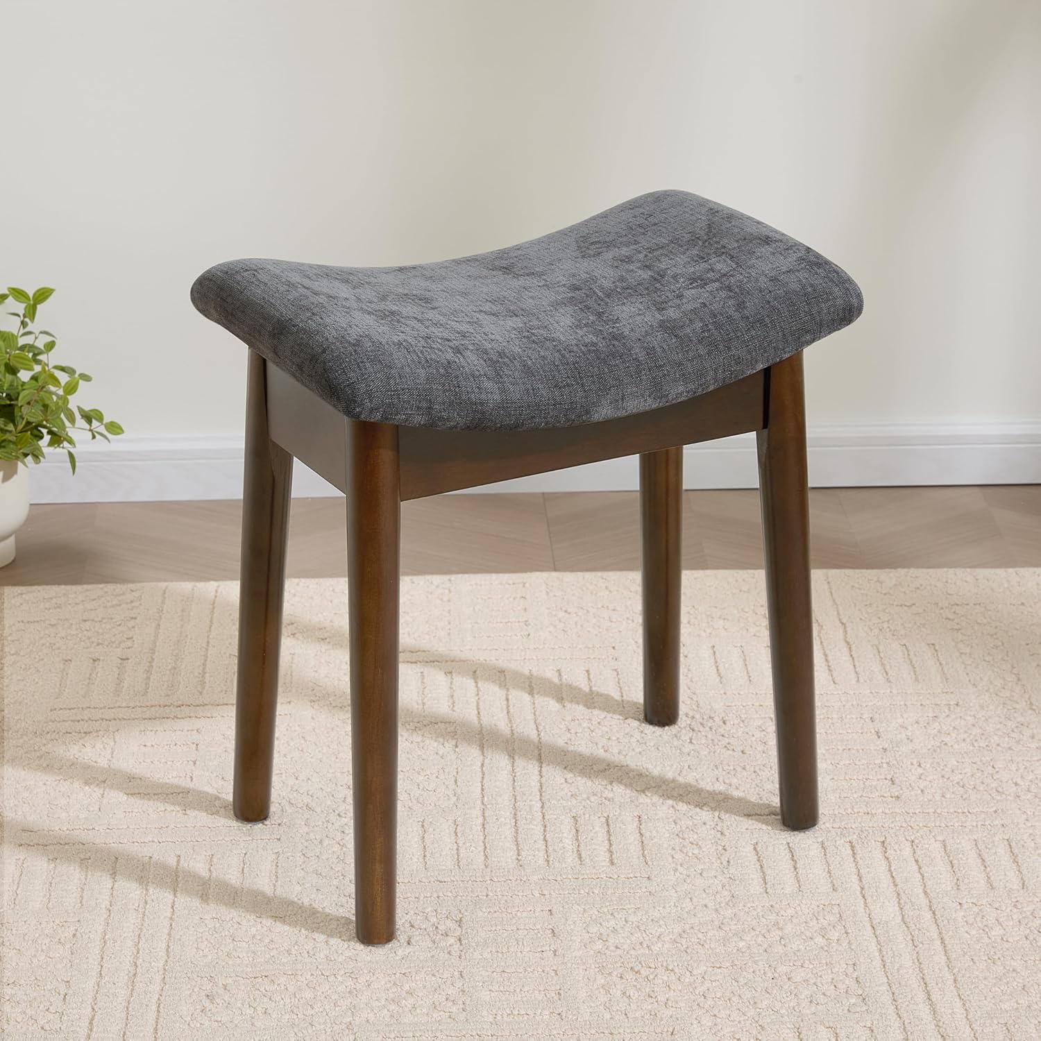 Vanity Stool with Saddle Cushion, 18 Inch Makeup Vanity Chair for Living Room, Morden Foot Stool Ottoman Piano Bench, Upholstered Vanity Bench Seat for Bedroom, Dark Grey